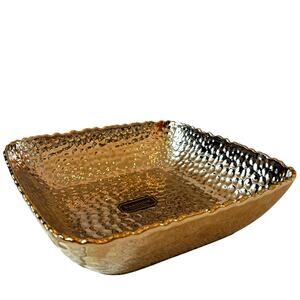 Baroque Collection Serving  Bowl 10.5in Hammered Gold Ceramic Holiday Glam New